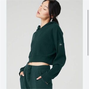 Dark Green Ribbed Hoodie Top